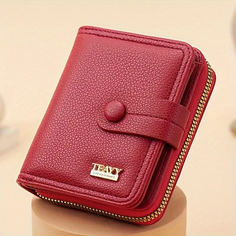 Stylish Solid Color Lychee Pattern Short Wallet for Women, Casual Zippered Coin Purse with Multiple Card Slots Clasp Closure, Portable Women's Card ID Case Small Wallet for Daily Use Travel