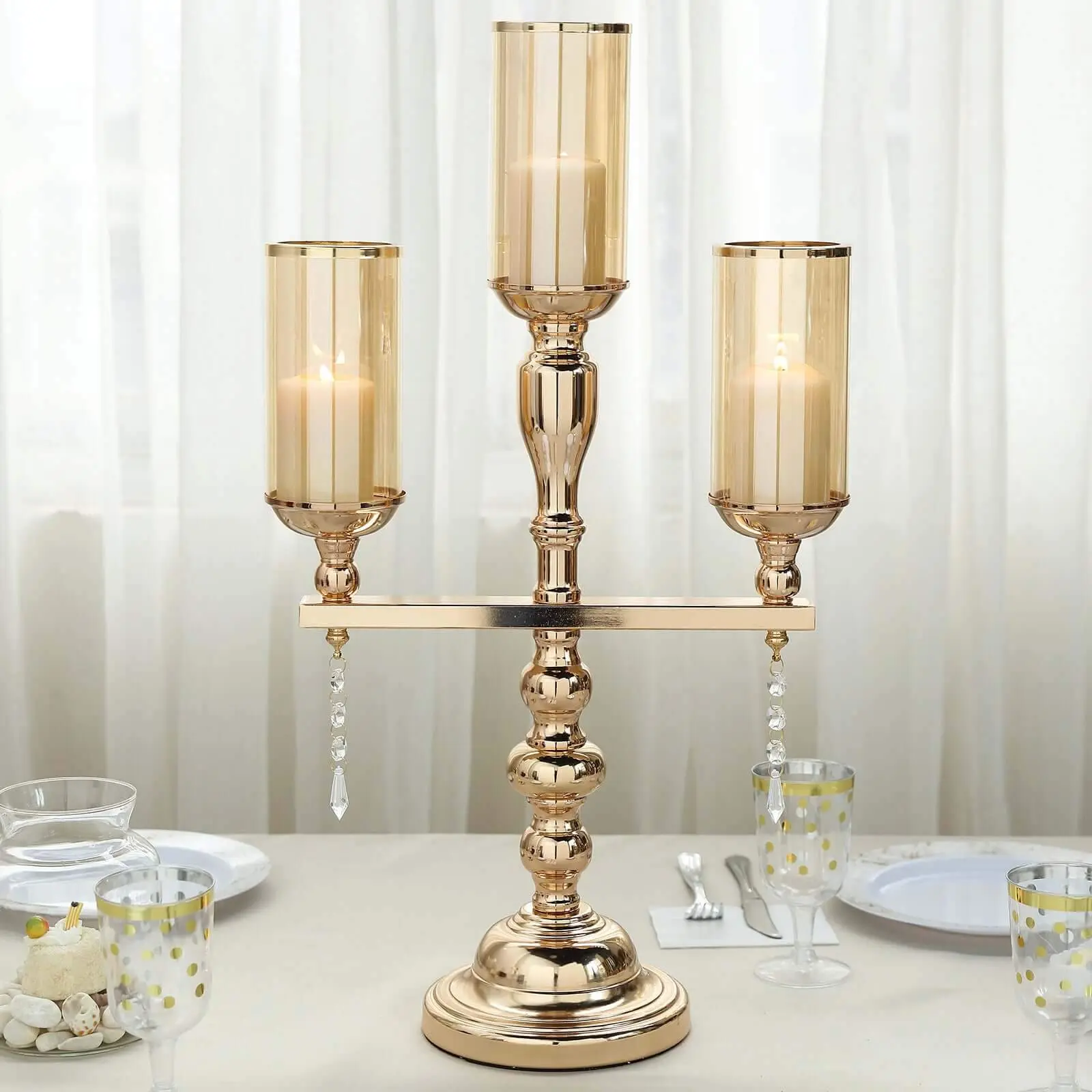 6" Height 3-Arm Gold Metal Decorative Candle Holder with Amber Glass Shades - Indoor Home Decor, Party Table Centerpiece Accessory
