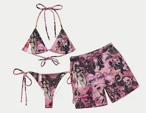 Pink Gothic Comic Print Bikini Set, Y2K Aesthetic Triangle Tie-Up Swimsuit, Horror Graphic Bathing Suit