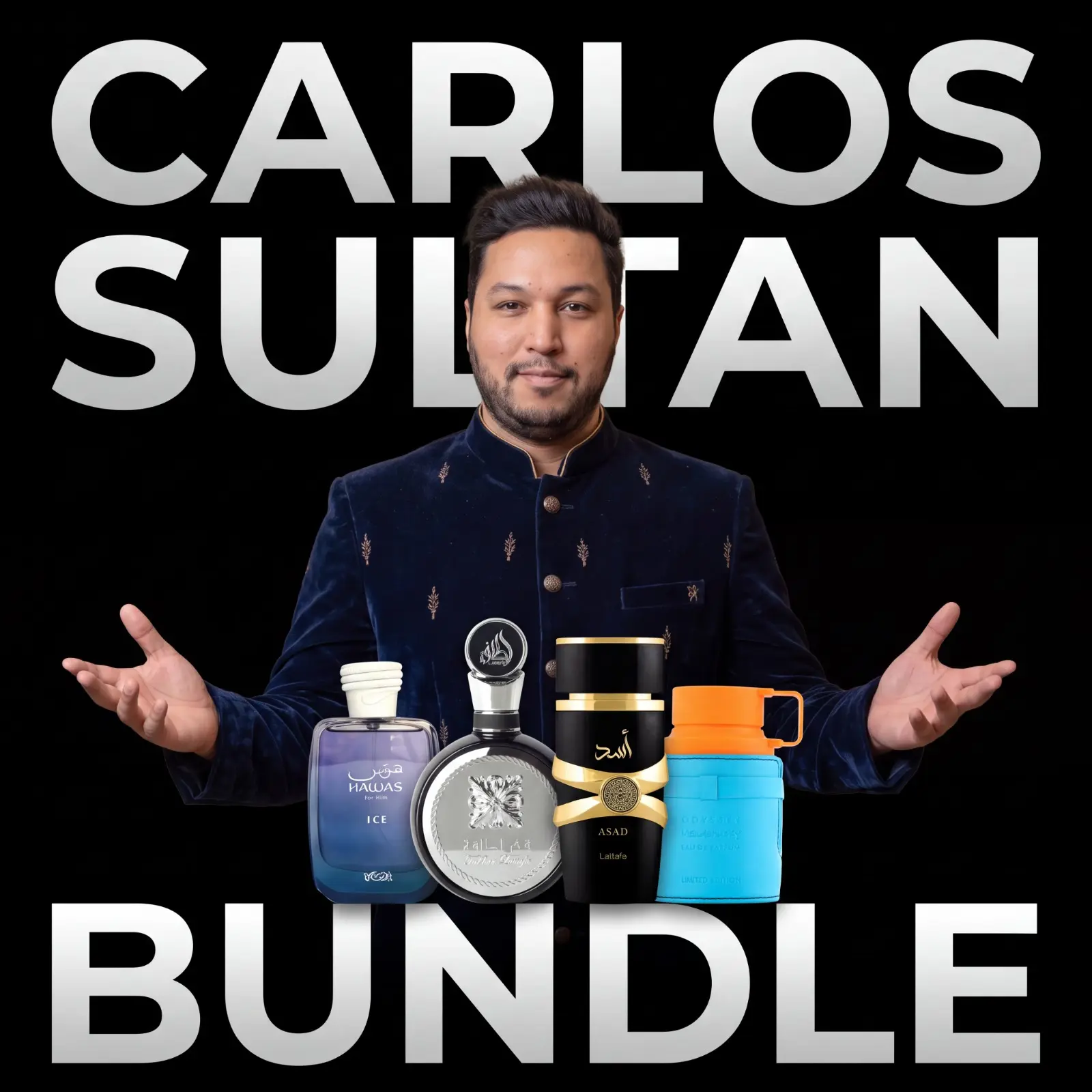 Carlos’ Sultan Bundle – Armaf Odyssey Mandarin Sky, Lattafa Fakhar, Asad & Rasasi Hawas Ice Men’s Cologne Set