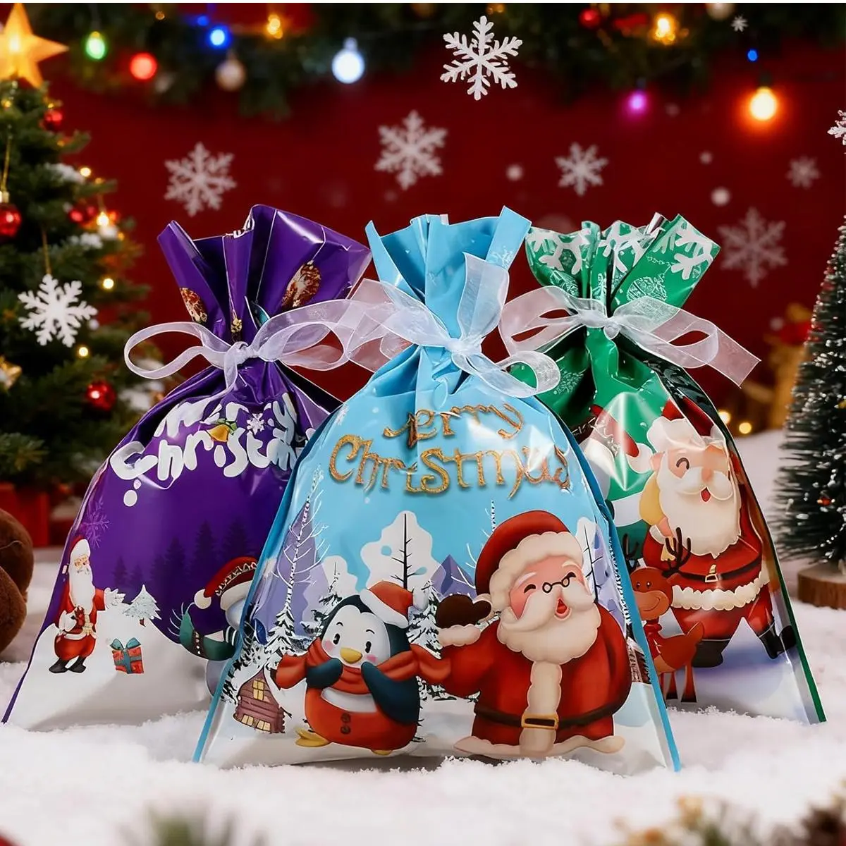 60PCS Christmas Drawstring Gift Bags with Tags Set Unisex Holiday Wrapping Bags for Boys Girls Santa Xmas Bulk Bags for Treats Goodies Party Fixed