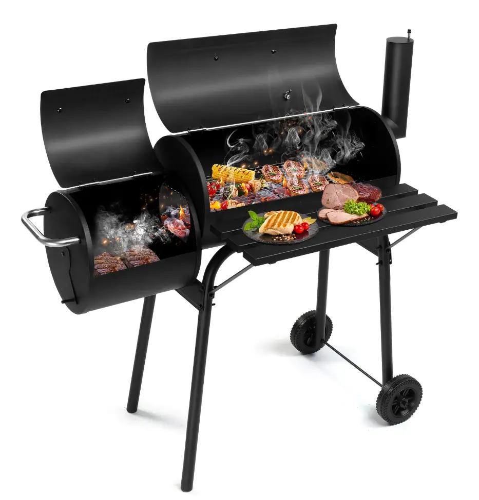 44-Inch Black Sturdy Charcoal BBQ Grill with Offset Smoker, High-Temperature Steel Cooker, Built-In Thermometer, 11.8"x11.8" Wooden Front Shelf, Handles & Wheels for Outdoor Patio