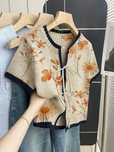 Boho Style Loose Round Neck Knit Top, Floral Print Short Sleeve, Women's Summer Casual Wear, Front Tie Design, Contrast Binding, Womenswear
