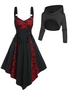 Women's Solid Crop Hooded Top & Skull Print Asymmetrical Hem Dress Two-piece Set, Casual Gothic Fashion Cozy Two Piece Outfits Womenswear for Daily Outdoor Wear, Women Clothes for Fall & Winter