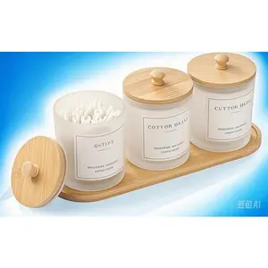 Glass Bathroom Storage Containers with Lids - 3 Pack Cotton Swab and Round Organizer Set, Hygienic Dispenser with Tray for Bathroom Countertop, Apothecary Jars for Floss Picks and Beauty Accessories, Space-Saving Design, Durable and Stylish