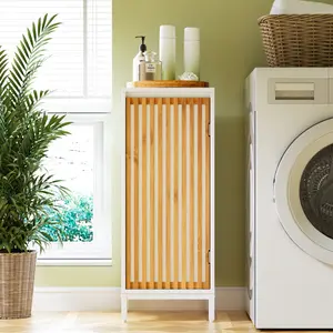 13"L*13"W*33.5"H White‑Natural Rectangular Minimalist Freestanding Side Cabinet, Premium MDF & Bamboo Slats Door Waterproof Storage Cabinet for Bathroom Bedroom Living Room