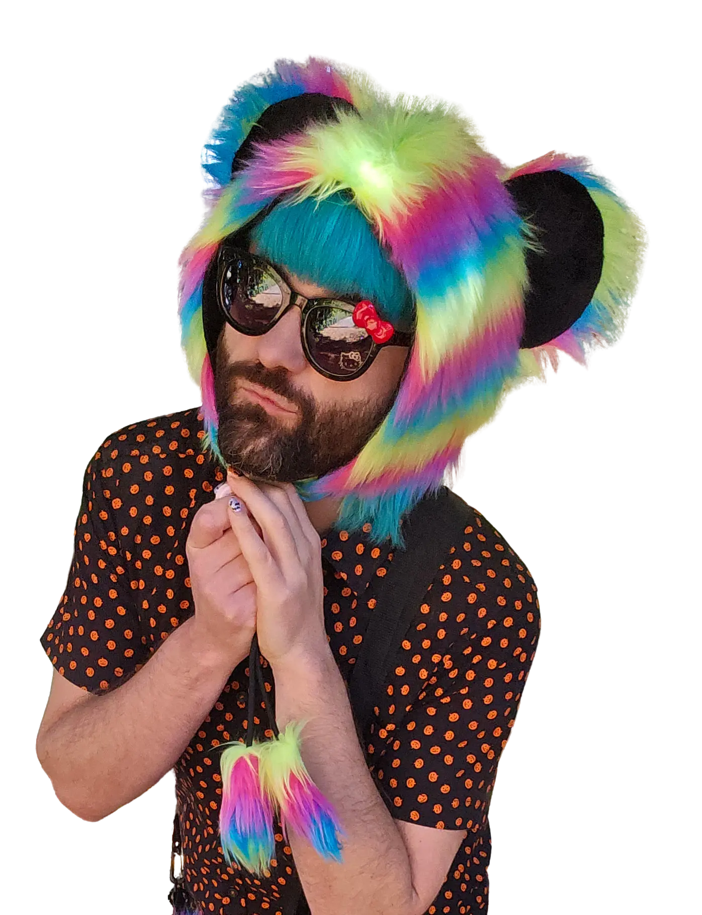 Atomic Laundry Apparel Neon Rainbow Faux Fur Bear Mouse Hat with Large Adorable Ears and Fluffy Pom Poms One Size Fits All Teen Adult