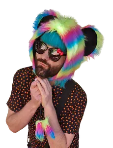 Atomic Laundry Apparel Neon Rainbow Faux Fur Bear Mouse Hat with Large Adorable Ears and Fluffy Pom Poms One Size Fits All Teen Adult
