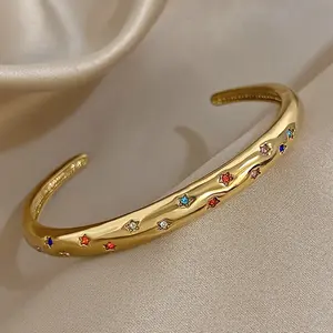 [1pc Stainless Steel Bracelet] 1pc Stainless Steel Retro Minimalist Open Cuff Bracelet with Star Inlaid Colored Synthetic Cubic | Multicolor Rhinestone Bangle for Women, Valentine's Day Gift, Everyday & Party Jewelry, Special Occasion