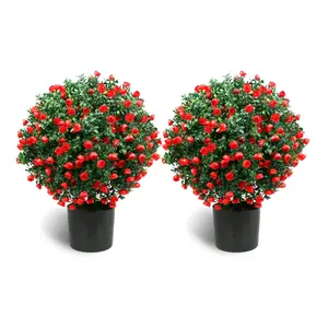SUNNYGLADE 21.6” Tall Artificial Rose Topiary Ball Tree Set of 2 Pack Potted Bushes UV Resistant Potted Plants for Indoor Outdoor Home Garden