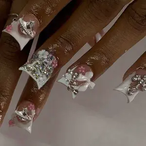 24pcs Long Duck Nail Art Stickers, French Press-On Nails, 3D Flower Cross Star Bow Design, Fashionable Rhinestone Decorated, DIY Party Use