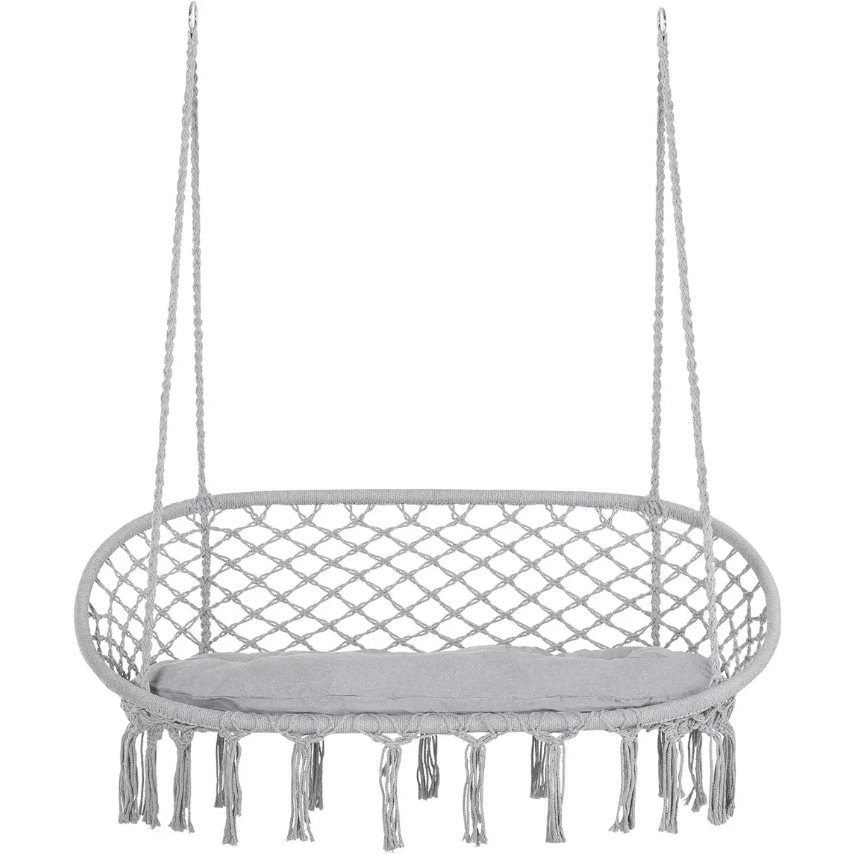 2-Person Hammock Chair Macrame Swing with Soft Cushion, Hanging Cotton Rope Chair for Indoor Outdoor Home Patio Backyard, Light GrayOutdoor and indoor tassel hanging chair swing
