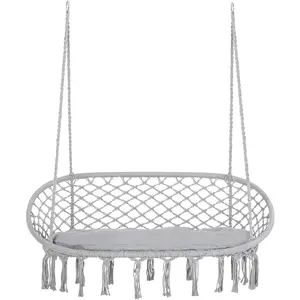 2-Person Hammock Chair Macrame Swing with Soft Cushion, Hanging Cotton Rope Chair for Indoor Outdoor Home Patio Backyard, Light GrayOutdoor and indoor tassel hanging chair swing