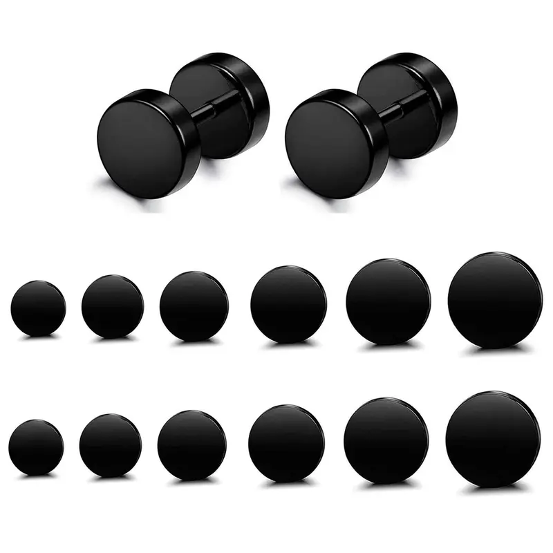 6 Pairs Stainless Steel Ear Studs for Men and Women, Fake Ear Tunnels 3-8mm, Casual Style for All Seasons Studs Earrings, Stud Earrings Jewelry, Earrings Set, Earring Pack