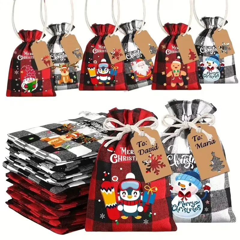 12/24/36pcs Christmas Burlap Gift Bags, Buffalo Plaid Drawstring Bags, Jute Burlap Treat Candy Goodies Bags, Xmas Favors Supplies, Party Gift Packs, Candy Bags for Party Favors, Cookie Bags Christmas