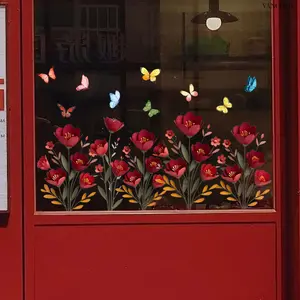 Set of 2 Pcs 30×60cm Vintage Red Floral & Butterfly Static Cling Window Stickers for Living Room Glass Home Decor