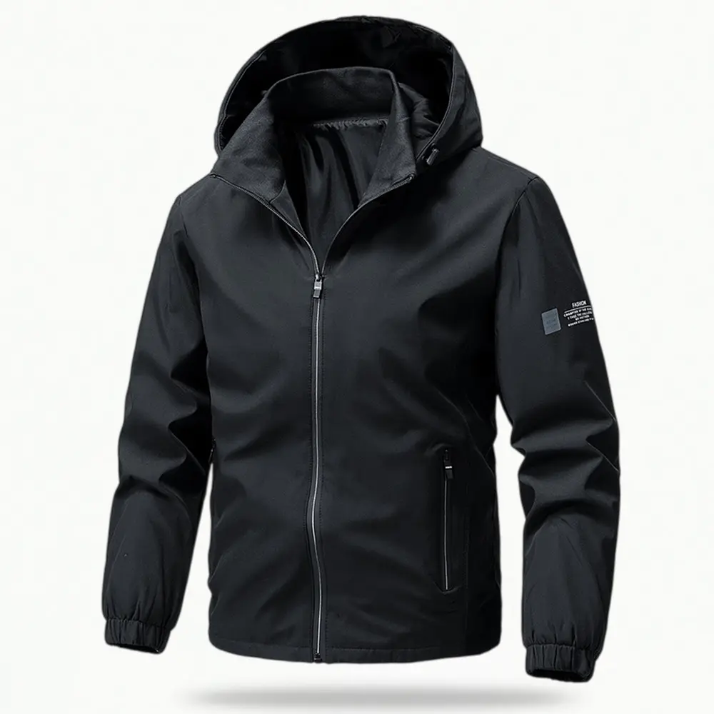 Men's Regular Fit Black Polyester Hooded Soft-shell Jacket - Pull On, Thin Fleece Lining, Zipper Pockets, Elastic Cuffs, Sleeve Small Logo, Windproof Waterproof, for Outdoor Hiking, Casual Wear