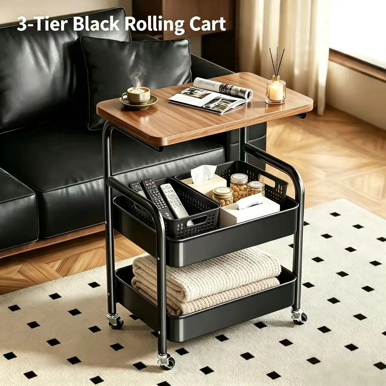 Tier Rolling Storage Cart with Wooden Tabletop, Mobile Wheeled Utility Cart, Multifunctional Side Organizer for Living Room Kitchen Bedroom Bathroom, Black & White Available