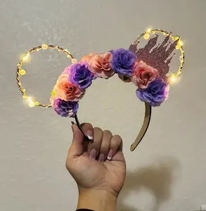 Light up rose gold castle mouse ears, Floral pink and purple ears