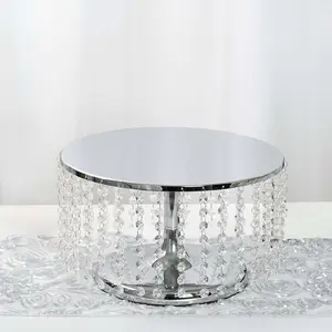 Metal Cake Stand Round Design Metallic Silver with Crystal Chains 14" Dia - Cupcake Dessert Pedestal 8" Tall