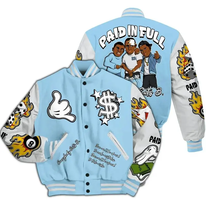 Varsity Jacket To Match Legend Blue 11s, Everybody Paid In Full Graphic All Over Print, Unisex Varsity Baseball Jacket, Classic Sport Street Style Jacket