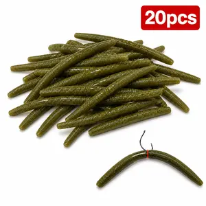 20PCS Soft Plastic Stick Worm Fishing Lures, 5.5in Ribbed Senko Style Worm Baits, Salted Flexible Bass Fishing Lures for Wacky Rig, Texas Rig, Drop Shot, Green Pumpkin Color