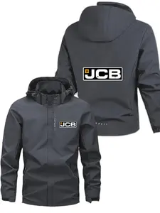 Men's Fashionable Jcb Logo Jacket, Casual Hooded Design, Zipper Pockets, Polyester Material, Loose Fit, Spring & Fall Wear