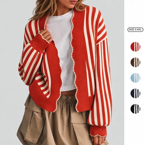 Imily Bela Women Soft Knit Striped Cardigan Cozy Curved Front Sweater with Contrast Stitch Detail