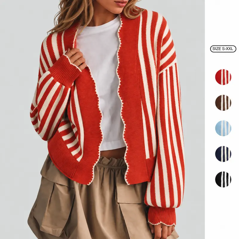 Imily Bela Women Soft Knit Striped Cardigan Cozy Curved Front Sweater with Contrast Stitch Detail