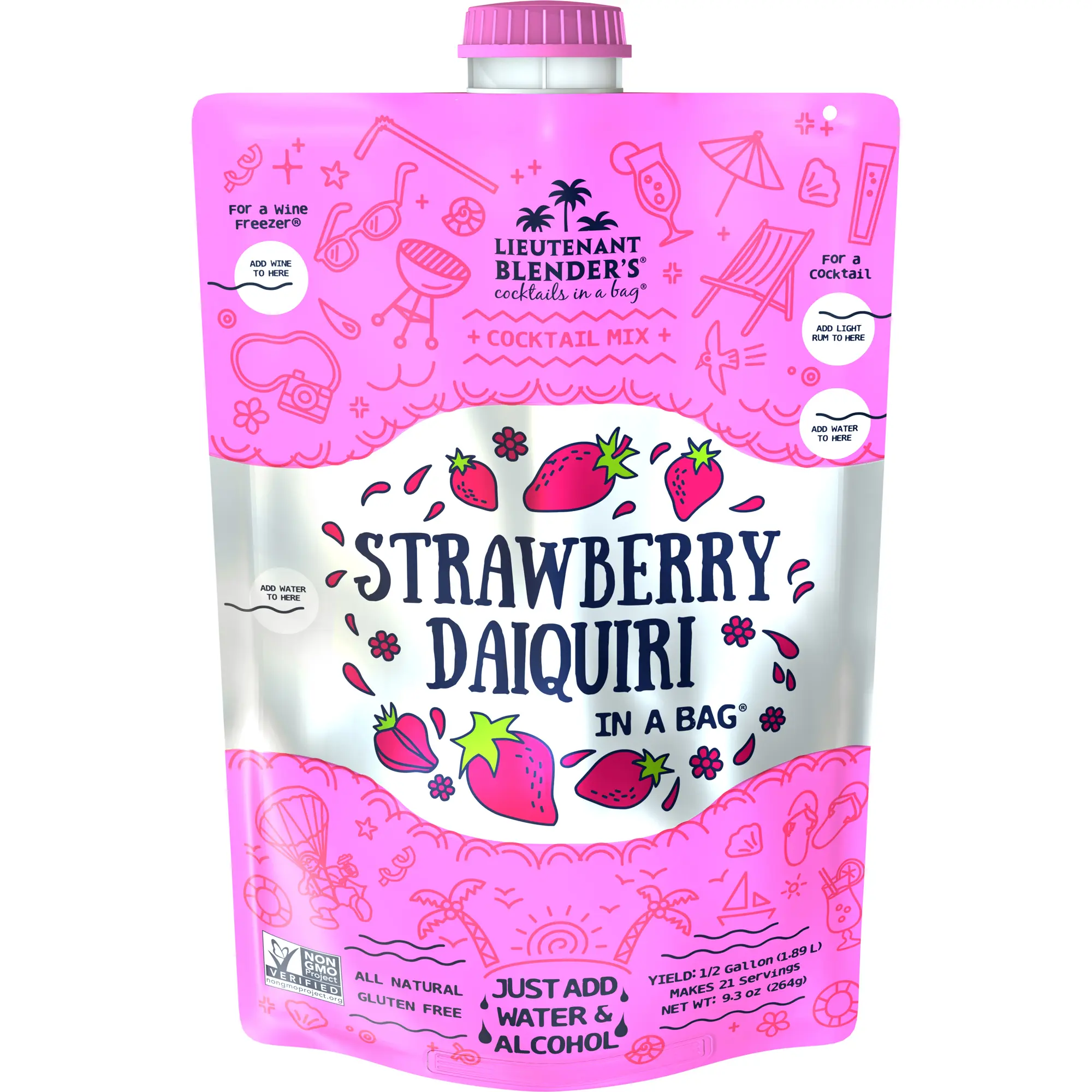 Lt. Blender's Strawberry Daiquiri in a Bag – Strawberry Daiquiri Mix - Each Bag Makes 1/2 Gallon - Non-GMO – No Daiquiri Machine Needed - Make a Cocktail, Wine Slushie or Mocktail - (Pack of 1)