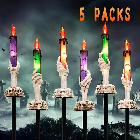 Solar Powered Skeleton Hand Candle Stakes, Halloween Light Up Candle Holders, Spooky Ghost Hand Garden Lights for Indoor Outdoor Halloween Decorations, Lawn, Yard, Patio and Party Decor