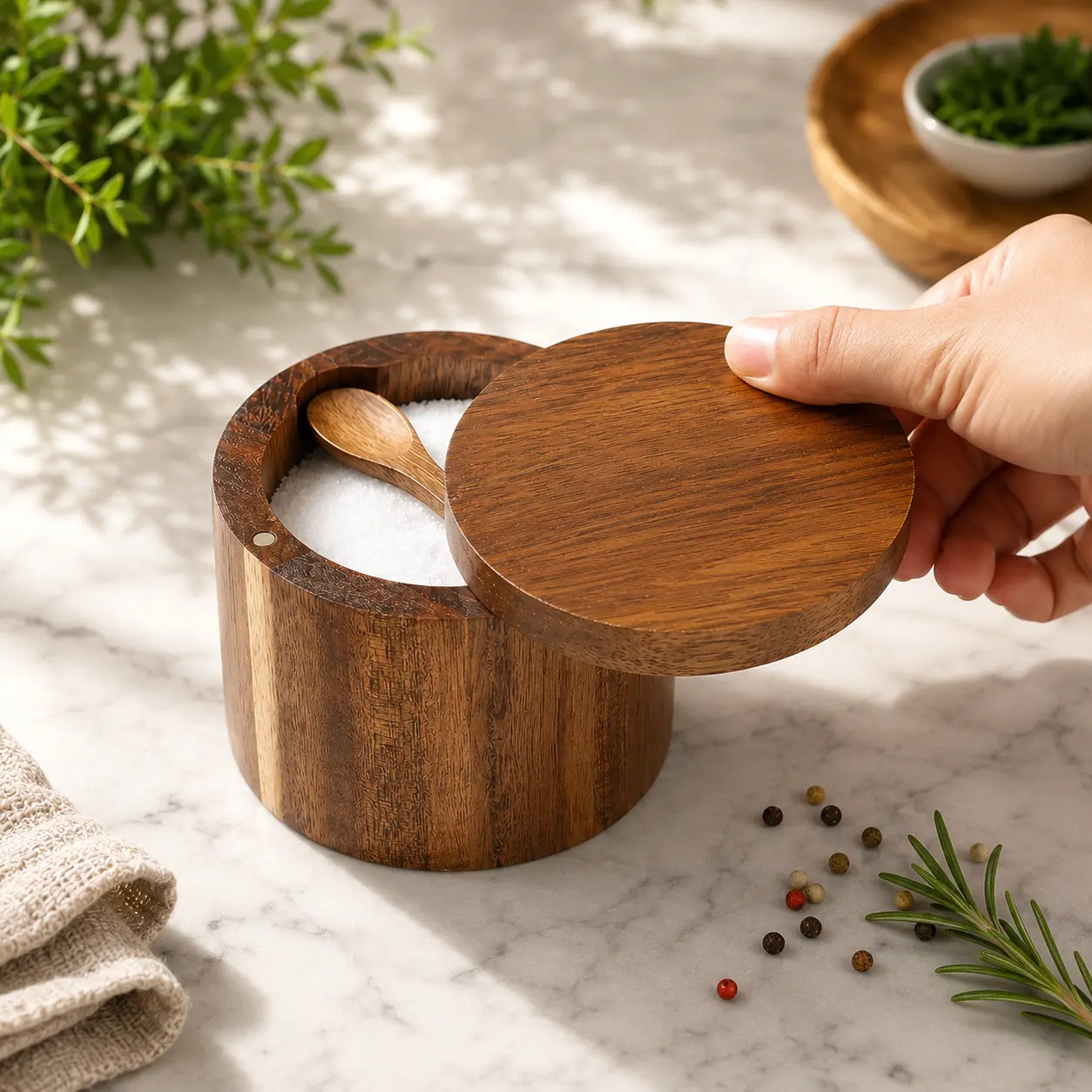 Salt Cellar, Acacia Wood Salt Container with Built-in Spoon & Swivel Lid, Engraved SALT Box, Salt Holder Bowl for Countertop Seasoning Storage