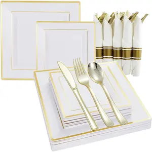 Square&Silverware w/Per-Rolled Napkin Set,Parties Dinnerware incl Dinner,Salad,,Disposable Cutlery, 20Guests
