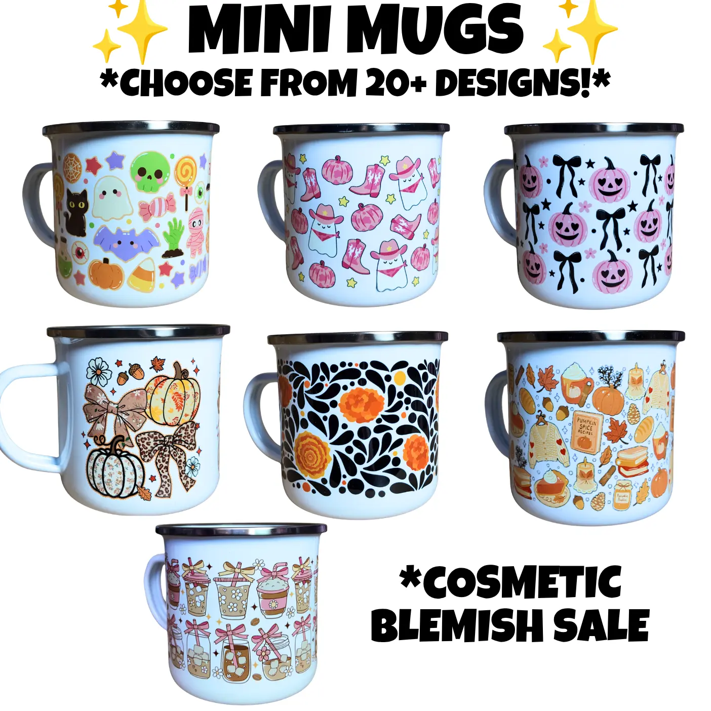 Cute Seasonal Mini Mug | 10oz Enamel Metal Mini Mug | BLEMISHED Cosmetic Blemish Sale | Choose From 25+ Designs | MUG ONLY – NO LID OR STRAW INCLUDED