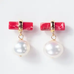 Talia Ruby Marble and Pearl Drop Earrings