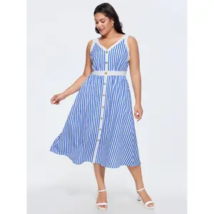 BLOOMCHIC Women's Plus Size Nautical Stripe Print Contrast Midi Dress - Polyester Smooth Fabric, Casual, Pocketed, Flattering Fit, Short Sleeve, Size M-6X, 2026 Summer Swimweek Vibes, Spotlight Deals Maxi Blue