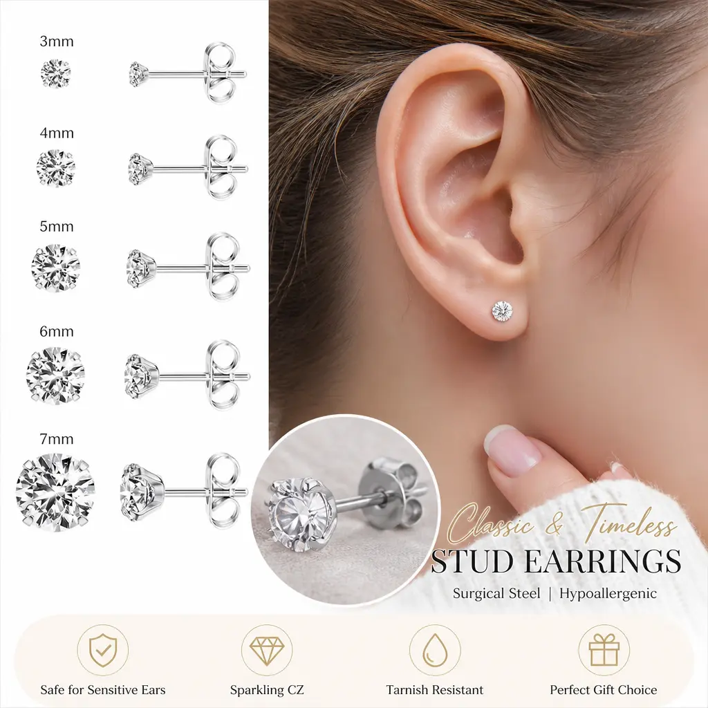 5pcs Unisex Extra Long Post Stud Earrings - 316L Surgical Steel Hypoallergenic CZ Earrings for Adults with Sensitive Ears, Thick Earlobes, 3-8mm Sizes - Bestie Anniversary Deals, Restock, Birthday, Valentine's