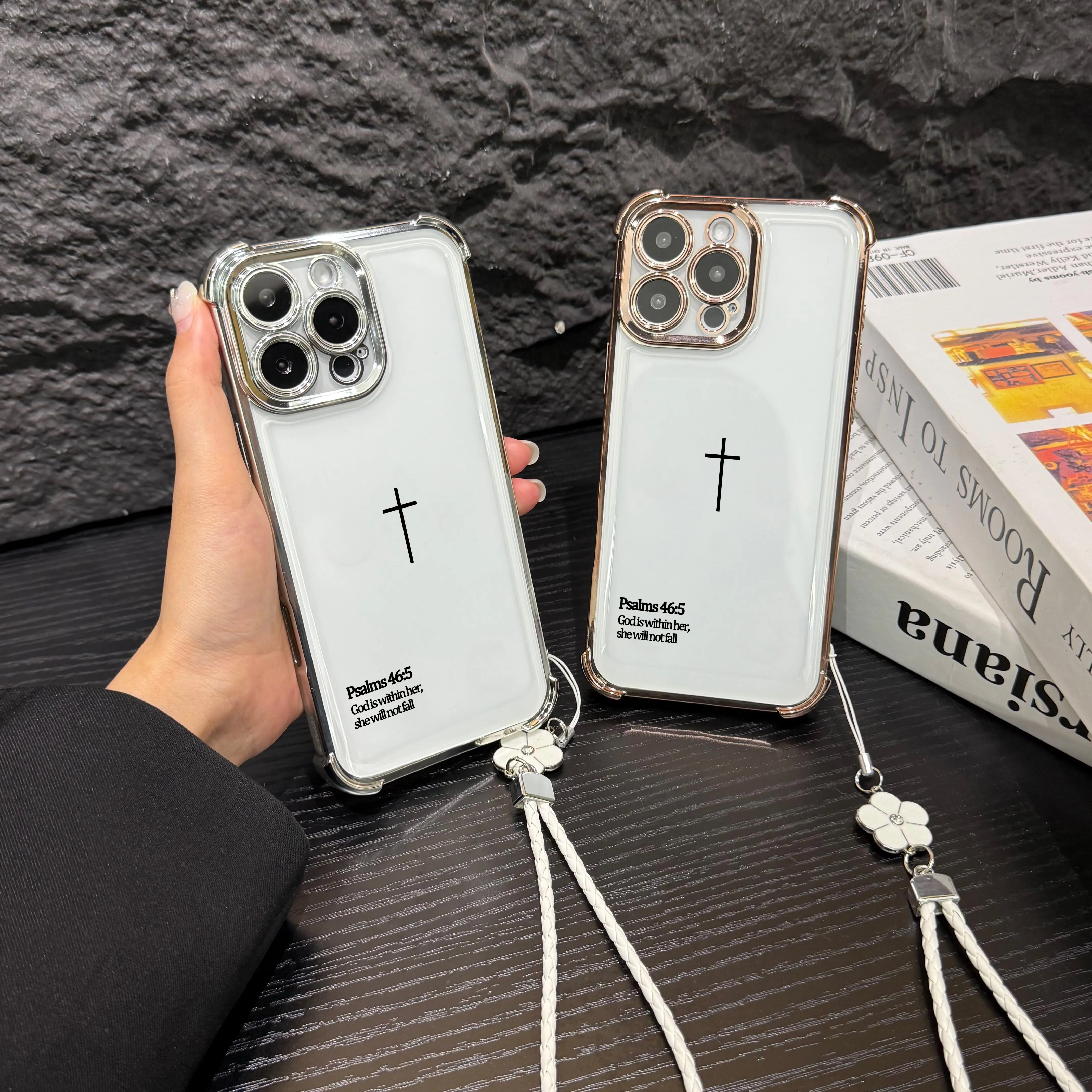 Psalms 46:5 Empowering Scripture Quote Smartphone Case for iPhone 17 Pro Max,16,15 Plus,14-11,XR,XS & Samsung Galaxy S25-S22,Air - Minimalist White Silver Art Casing,Durable Bumper with Strap,Handheld Devices Protection Accessory NN67