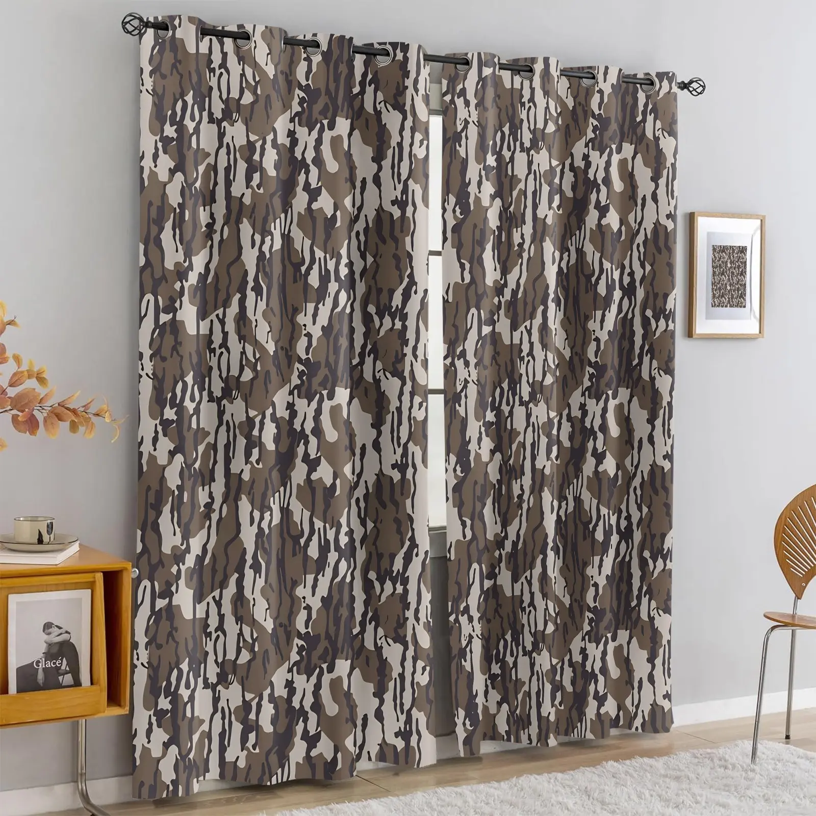 2 panels Woodland Camo Print Blackout Curtains, Earth Tone Brown Green Camouflage Pattern Thermal Insulated Window Drapes for Bedroom Man Cave, Hunting & Outdoor Themed Home Decor, Blackout Window Cover