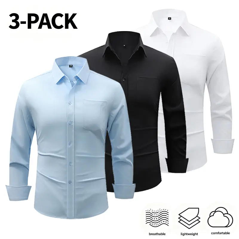 3-Pack Men’s Solid Color Slim Fit Long Sleeve Dress Shirts with Chest Pocket, Lightweight & Breathable, Wrinkle-Free, Business Commuter