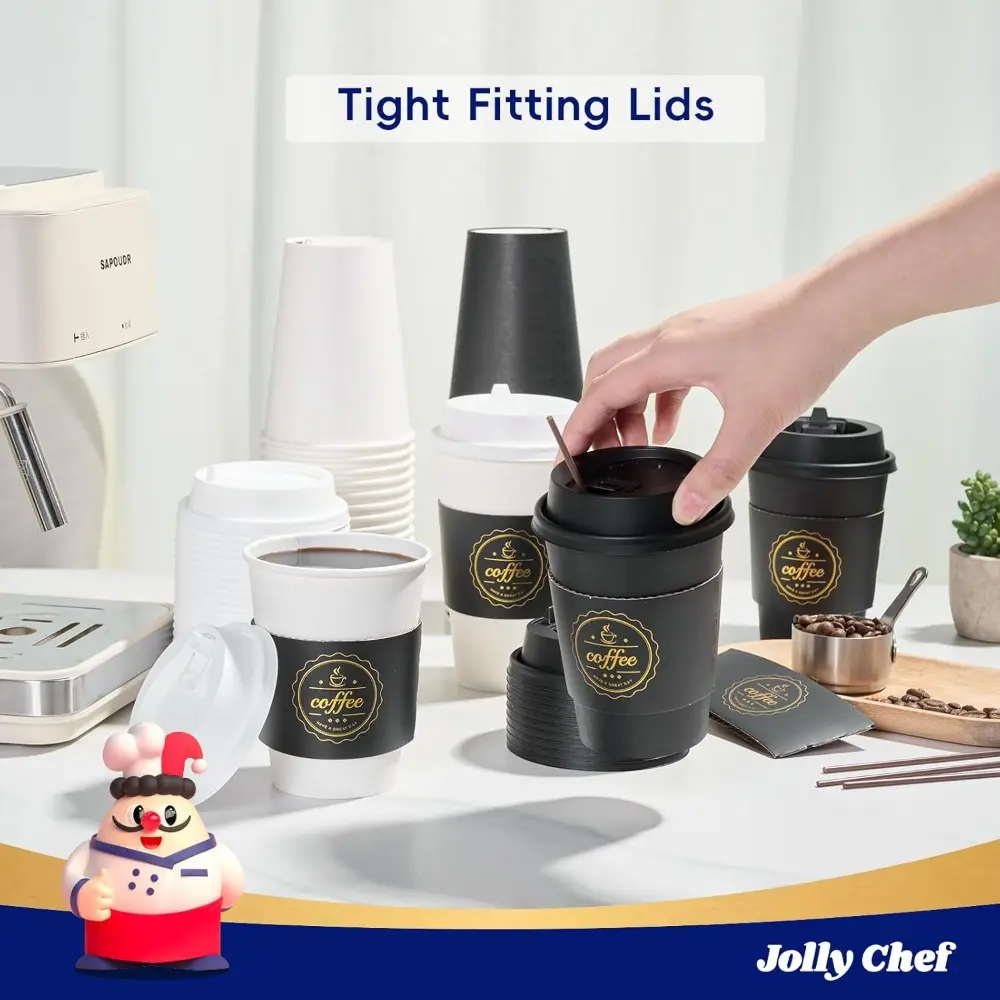 12 oz Pack of Disposable Coffee Cups for Hot Beverages, with Lids, Sleeves  and Stirrers (Black and White) - TikTok Shop