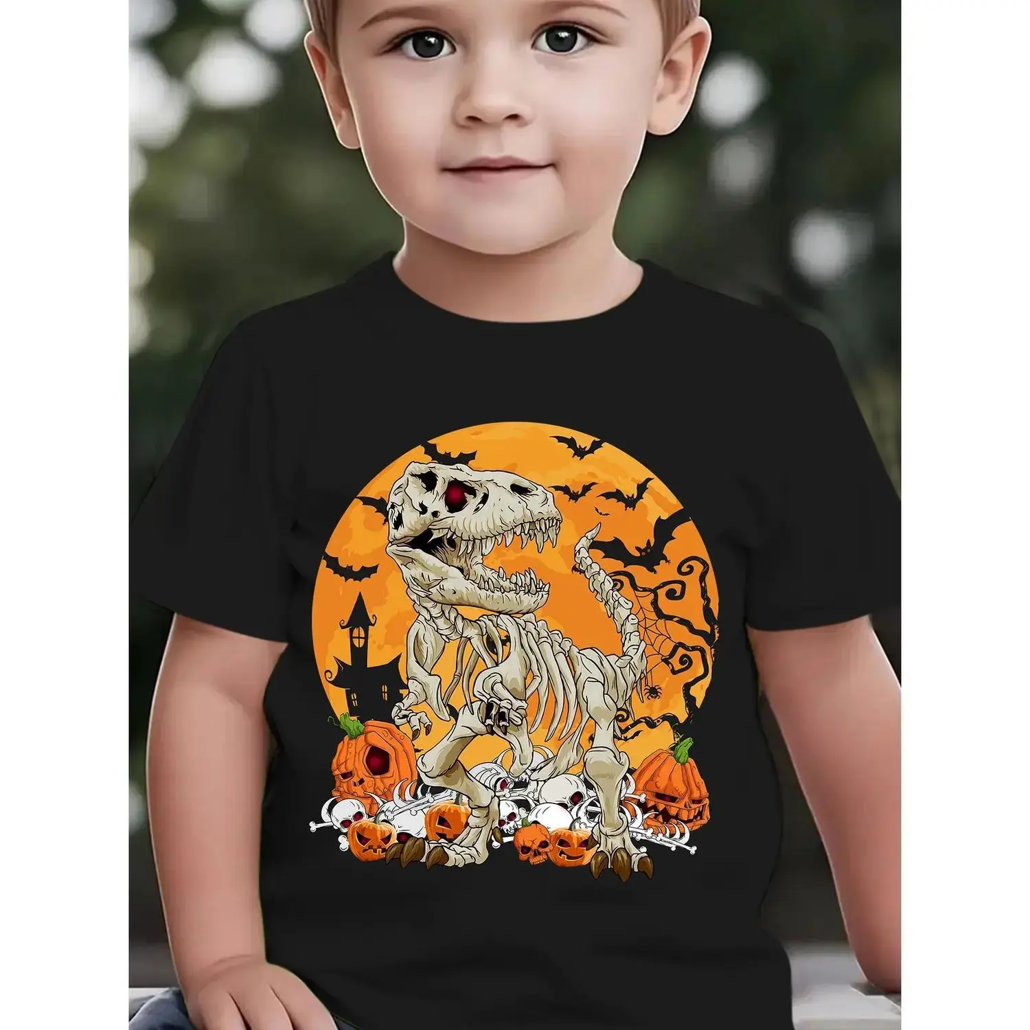Boys' Halloween Short Sleeve T-Shirt - Spooky Dinosaur & Pumpkin Graphic, Bright Yellow Toddler & Kids Lightweight Top, Short Sleeve Tops