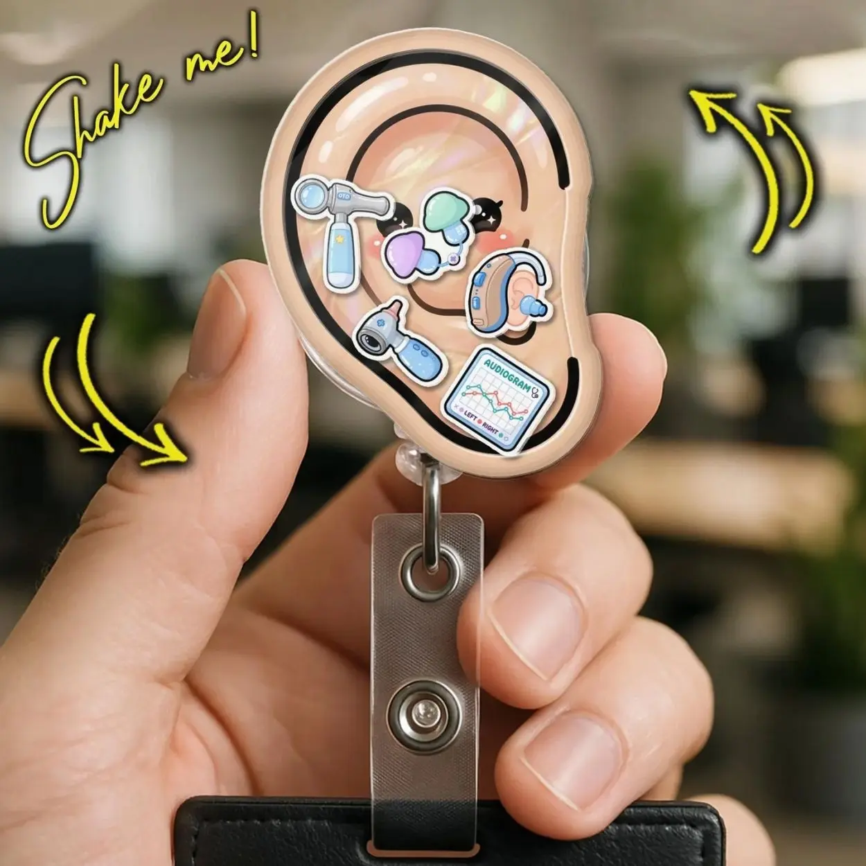 Audiology Shaker Badge Reel, Cute Ear Badge Holder, Hearing Aid Retractable ID Clip, Audiologist Gift QM6
