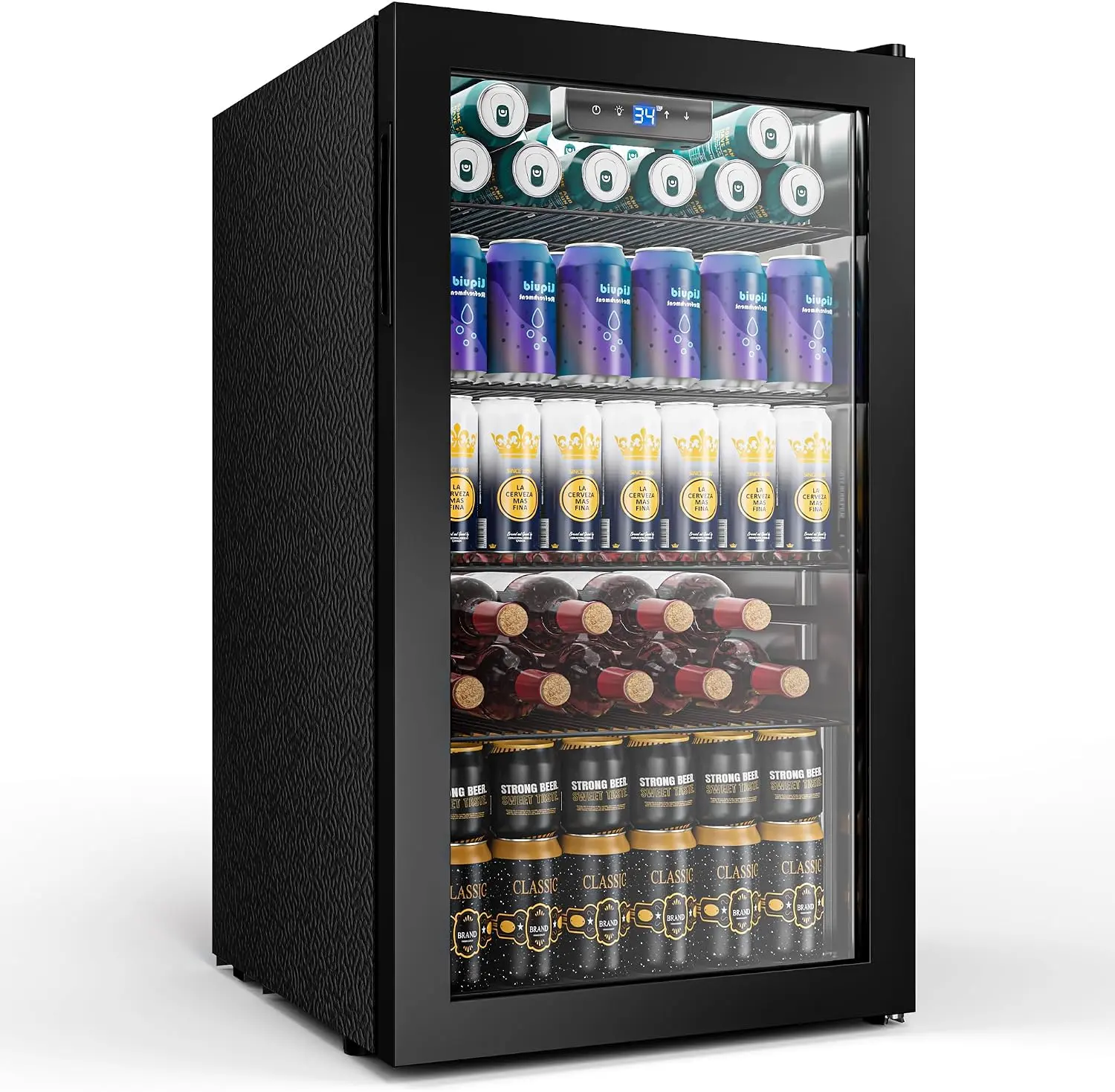 3.2 Cuft Beverage Fridge, 130 Can Mini Fridge With Glass Door, Black | Adjustable Shelves for Wine & Beer, Digital Temp Display, Freestanding for Home & Office, Quiet Compressor Cooling