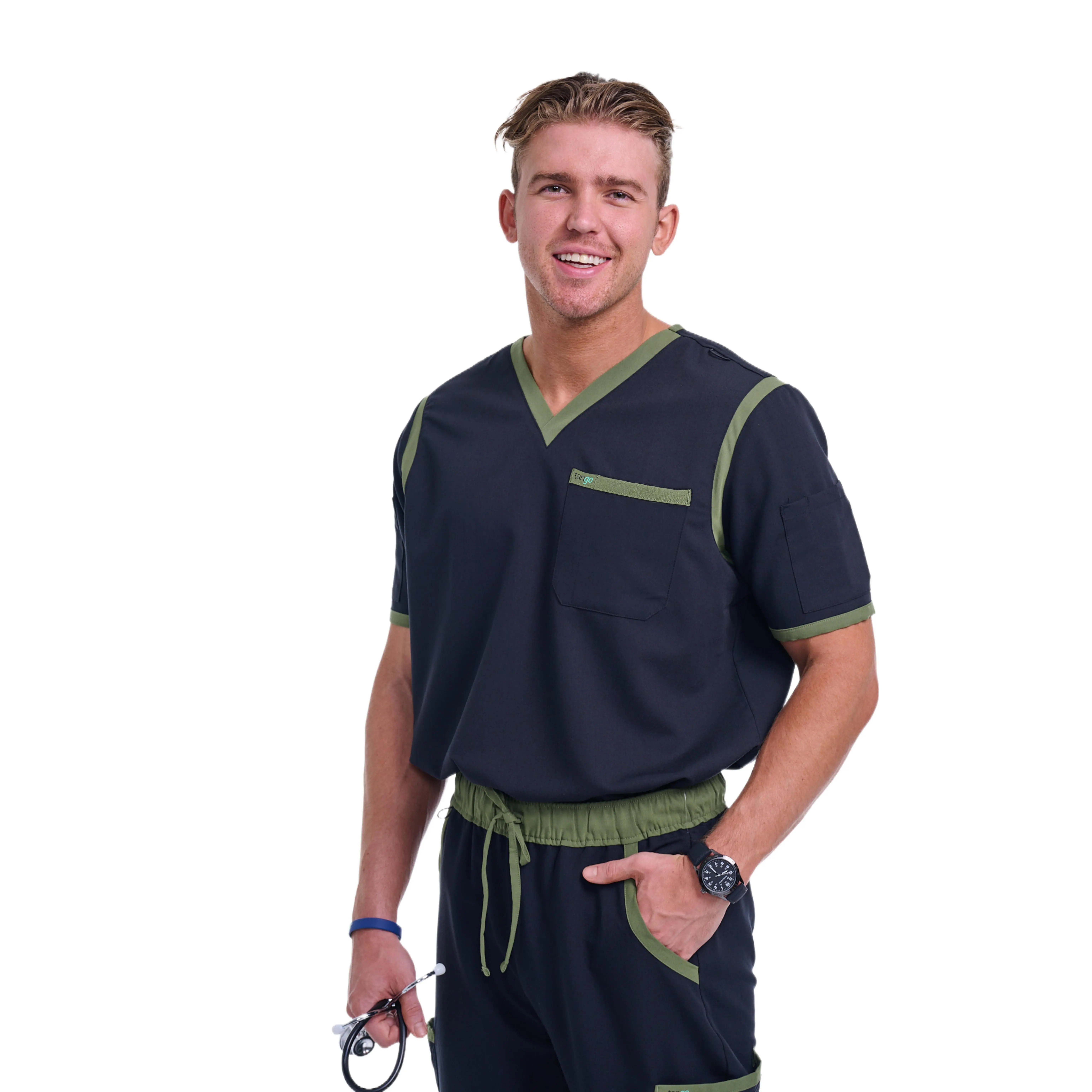 Men's Jet Black / Olive V-Neck Scrub Top