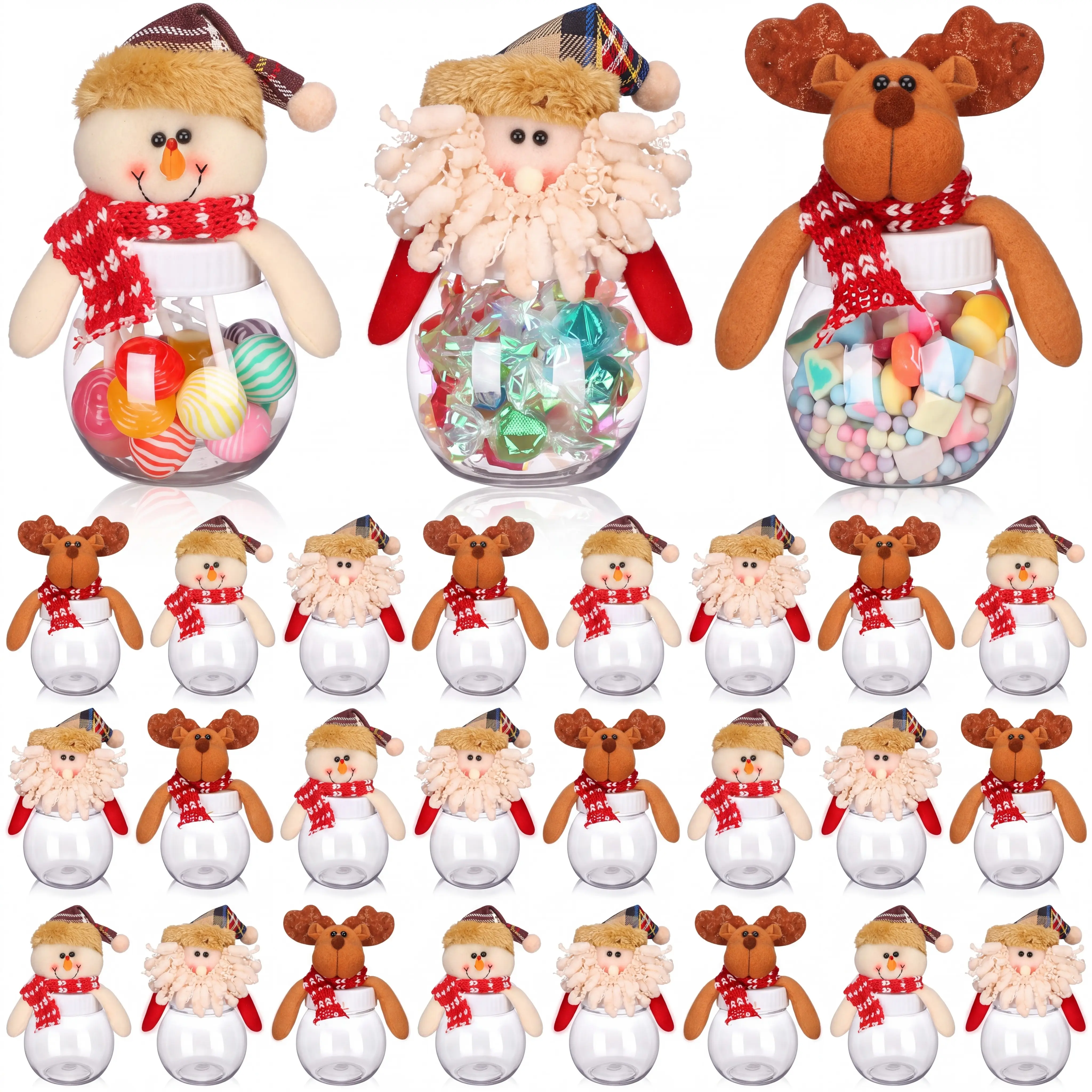 12/24Pcs Christmas Candy Jars with Snowman Santa Elk Lid 5.91 x 3.1 Inch Plastic Clear Christmas Cookie Chocolate Jar Xmas Snack Food Storage Container for Gifts Holiday Party Favor Supplies