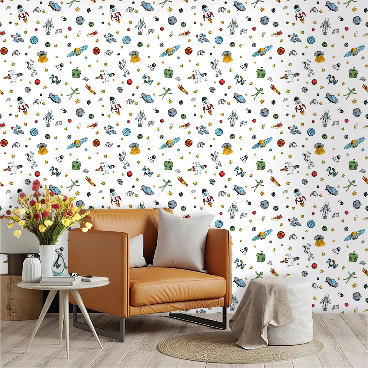 Creative Cartoon Space Theme Peel-And-Stick Wallpaper, PVC Material, Moisture-Resistant, Ideal for Living Rooms & Bedrooms