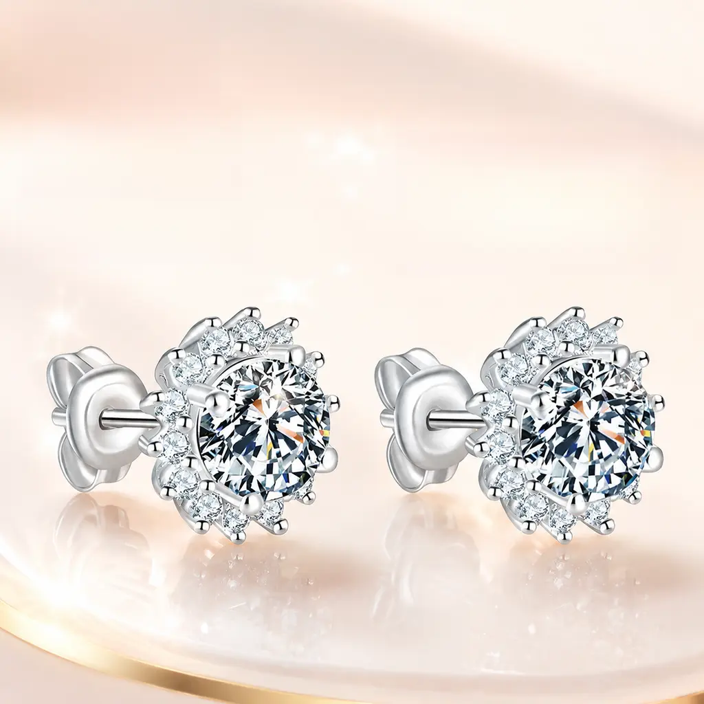 Round Cut A-Grade Zircon Stud Earrings, S925 Silver Plated Sunflower Halo Earrings, 5mm Delicate Hypoallergenic Jewelry for Sensitive Ears, Sturdy Brass Base, Shiny Bridal Wedding Earrings, Versatile Style for Women and Girls girly accessories