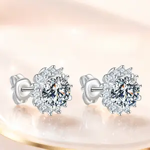 Round Cut A-Grade Zircon Stud Earrings, S925 Silver Plated Sunflower Halo Earrings, 5mm Delicate Hypoallergenic Jewelry for Sensitive Ears, Sturdy Brass Base, Shiny Bridal Wedding Earrings, Versatile Style for Women and Girls girly accessories