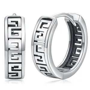 Bernashen S925 Sterling Silver Men's Hoop Earring Sterling Silver Hoop Earrings for Men Women Huggie Earrings Unique Greek Key Fashion Huggie Earrings